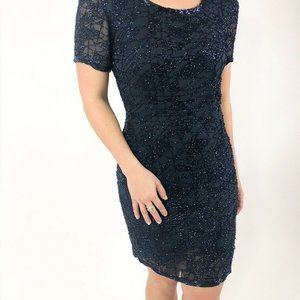 OLEG CASSINI BLACK TIE Blue Beaded Cocktail Dress